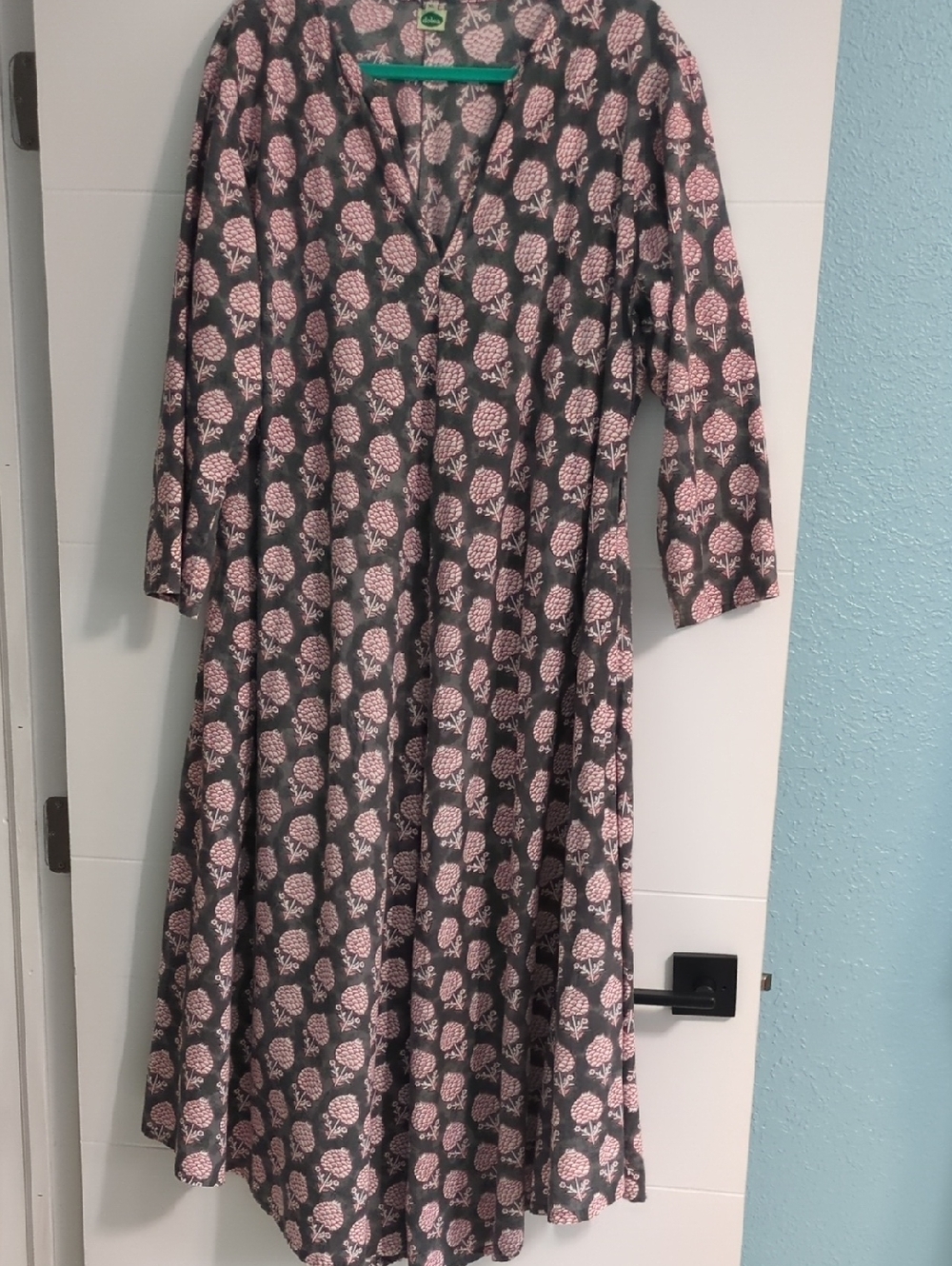 Dolma Grey & Pink Floral V-Neck Midi Side Pockets Boho Coastal Dress Sz XL